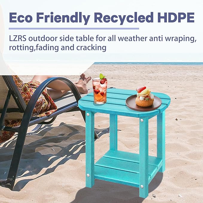 LZRS 2-Tier Patio Side Table, Heavy Duty HDPE Outdoor End Table with Wood Texture, Weatherproof Composite Table for Adirondack Chairs, Deck, Pool, Indoor/Outdoor, No Peeling Cracking(Turquoise)