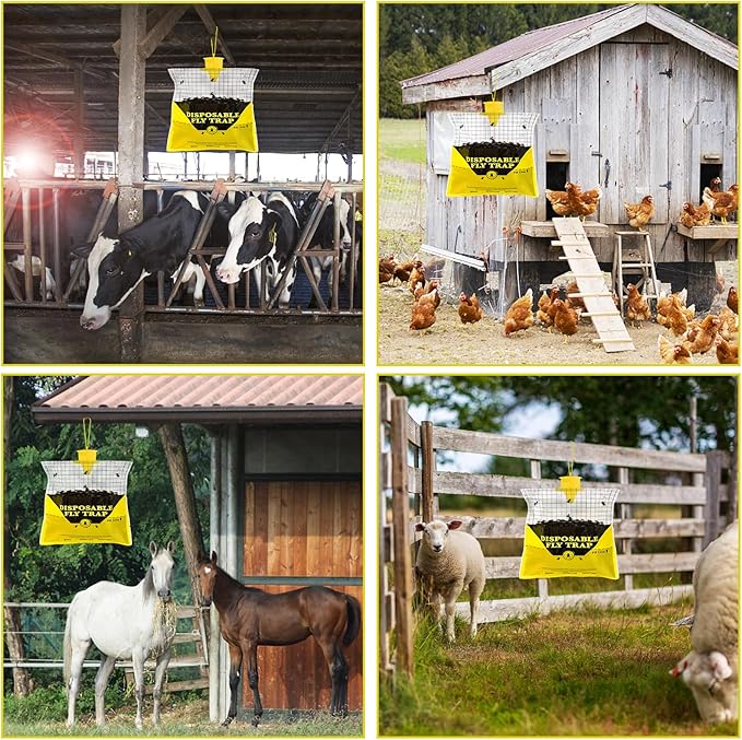 Glovv Fly Traps Outdoor Hanging with Bait, 6 Pack Disposable Flies Bags Hunter Ranch Trap, Control Bug Catcher Killer Repellent for Stable Horse Barn & Farm
