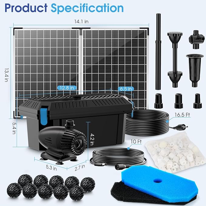 Antfraer 55W Solar Pond Pump with Filter Kit - Foldable Monocrystalline Solar Panel, Pond Filter for Outdoor Ponds, Koi Ponds, Waterfalls & DIY Water Features (17FT+10FT Power Cord)
