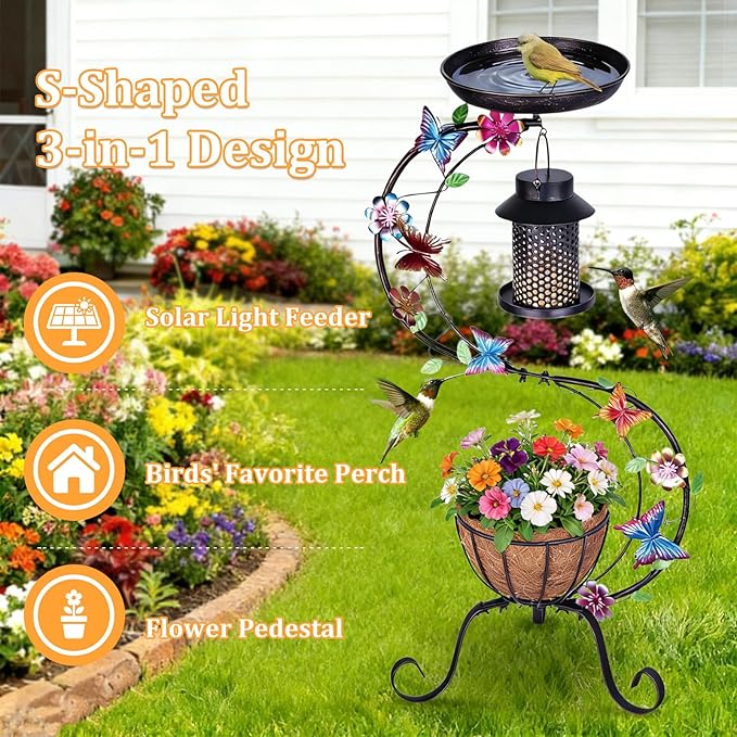 hogardeck 3-in-1 Vintage Bird Bath & Detachable Hanging Bird Feeder with Flower Planter, Metal Heavy Duty Outdoor Birdbath, Weather Resistant Decor for Garden Yard Lawn