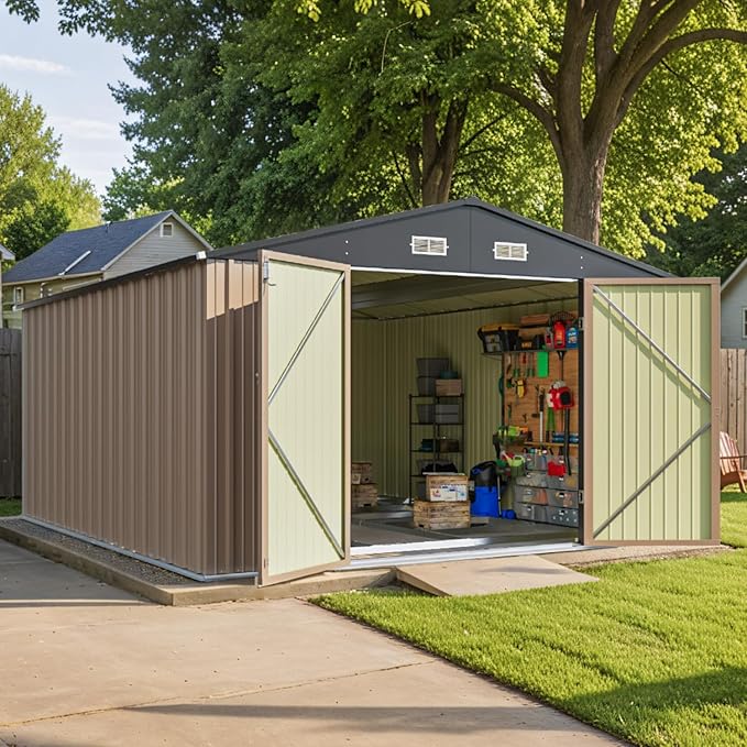 Patiowell 10 x 12 FT Outdoor Storage Shed with Floor Frame, Large Metal Shed Storage with Lockable Doors and Steel Frame, Utility Tool Outside Storage Shed for Garden, Patio, Backyard, Brown