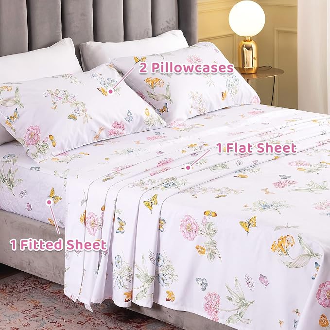 QSH Floral Queen Size Sheet Sets - Flower Butterfly Print Pattern Egyptian Cotton Printed Bedding Sheets Queen Size Bed Extra Soft and Breathable 4pcs Deep Pockets Bed Sheets