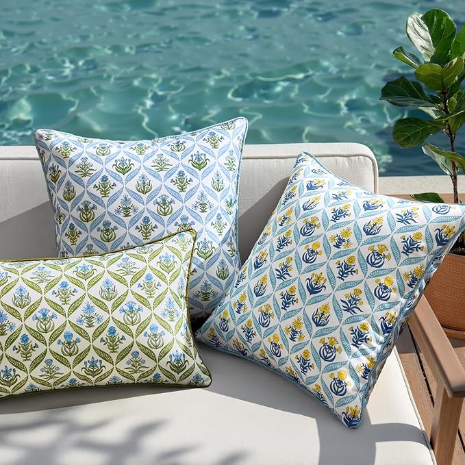 ANRODUO Floral Outdoor Pillow Covers 18x18 Waterproof Set of 2 Block Print Boho Accent Decorative Cushion Cases with Refined Edge Piping for Spring Patio Porch Garden Couch Sofa Bench Decor Blue