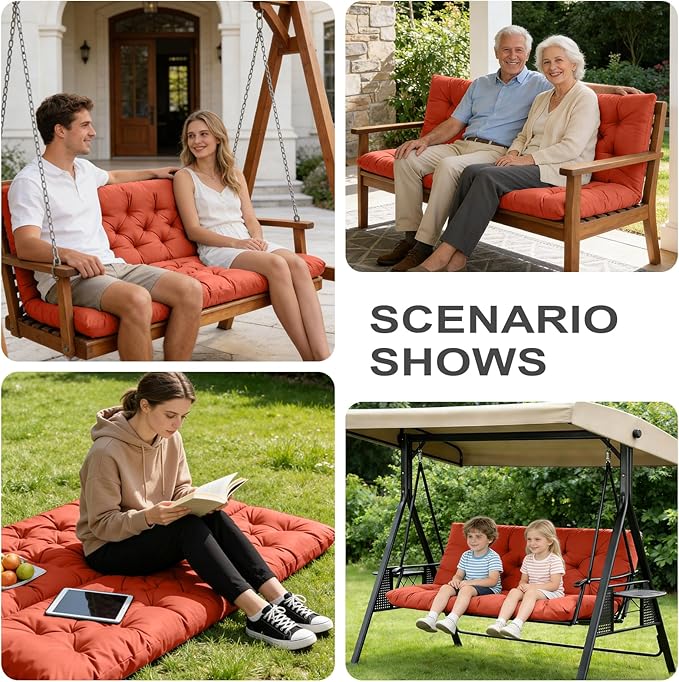 Porch Swing Cushions,Outdoor Cushions 3 Seater Replacement with Backrest, Waterproof Thickened Bench Cushion with Ties for Porch, Patio,Outdoor, Backyard and Garden (Orange 47 * 40 in)