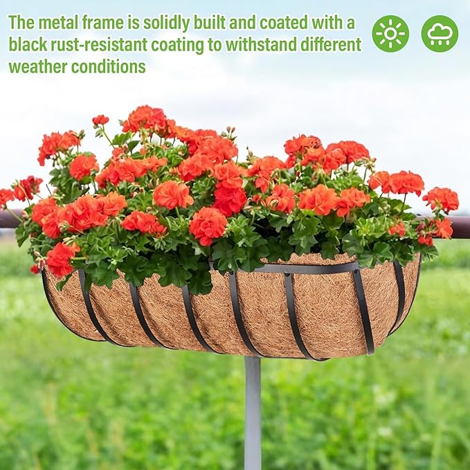 Legigo 4 Pack 24 Inch Window Boxes Railing Planter Box with Coconut Liner, Balcony Railing Planter Horse Trough Deck Window Planters, Metal Railing Hanging Flower Baskets for Outdoor Porch Fence Patio