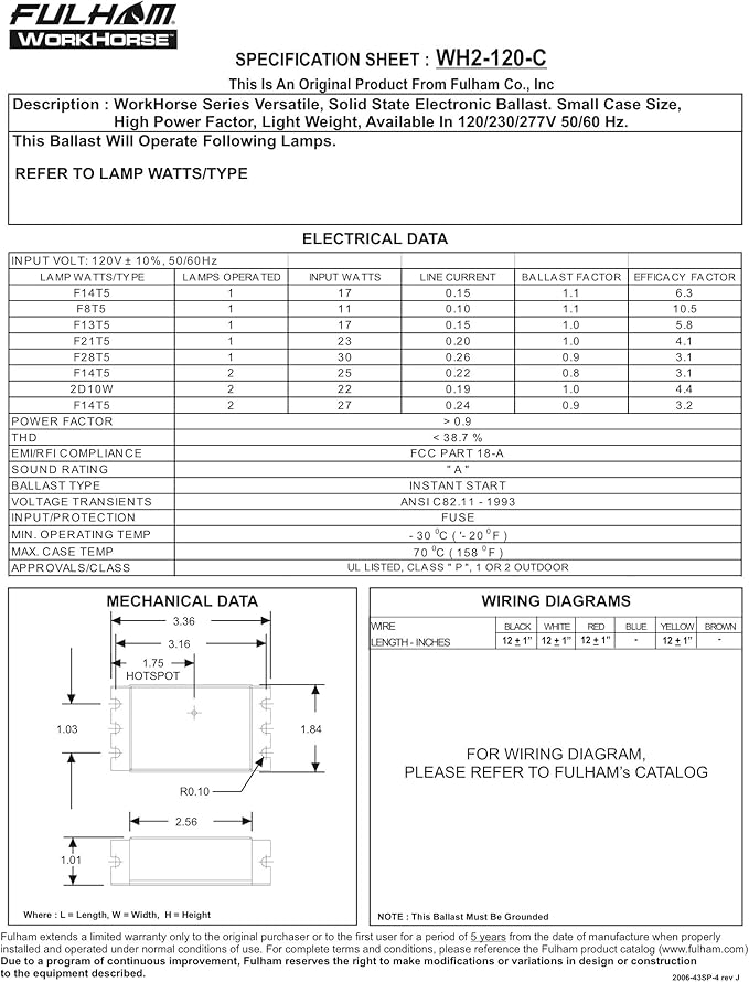 Fulham Workhorse WH2-120-C Electronic Ballast, 120V Instant Start, Multi-Lamp T5/T6/T8/CFL Compatible, Class P, cUL Listed, 1 or 2 Lamp