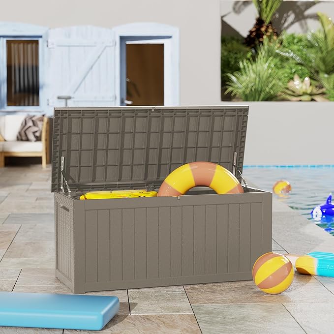 Outdoor Storage Deck Box Waterproof, 270 Gallon Large Lockable Patio Storage Bin Chest, Resin Outside Container Seat Bench for Furniture Cushions, Pool Accessories, Garden Tools & Delivery, Grey