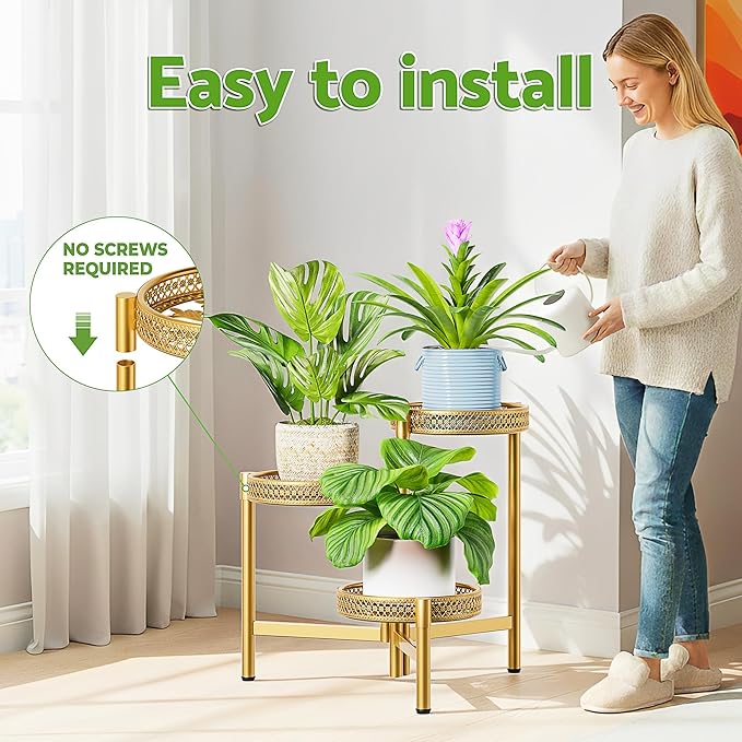 Metal Plant Stand Indoor Outdoor, 3 Tier Corner Plant Shelf for Multiple Plants, Gold Tiered Plant Stand, Heavy Duty Flower Holder, Folding Tall Rack for Garden Patio Balcony - GoldWave