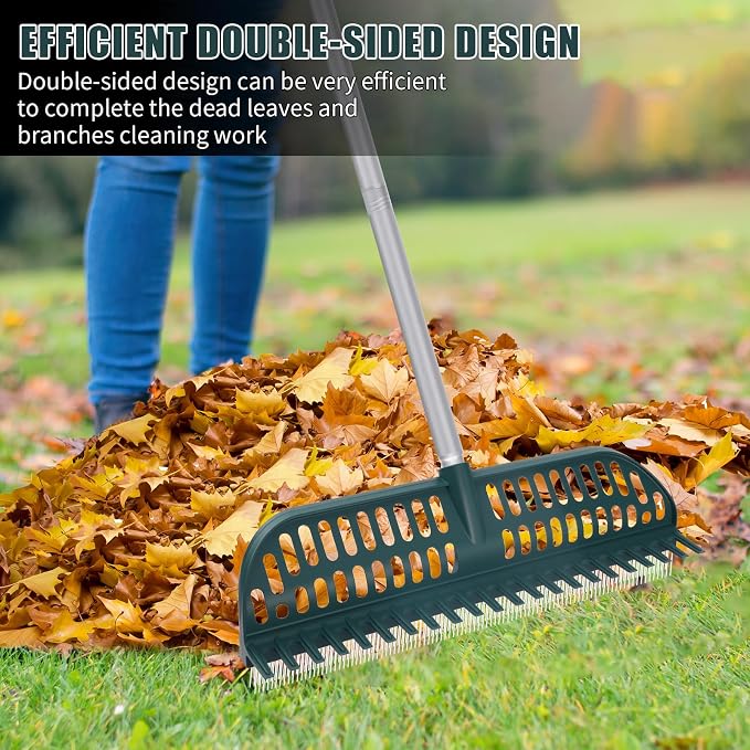 Artificial Turf Rake with 18in Widen Double-Sided Heads, 32-61 Inch Turf Brush Grass Rake for Artificial Grass, Turf Grass Broom for Garden Lawn Artificial Turf Leaves Pet Hairs