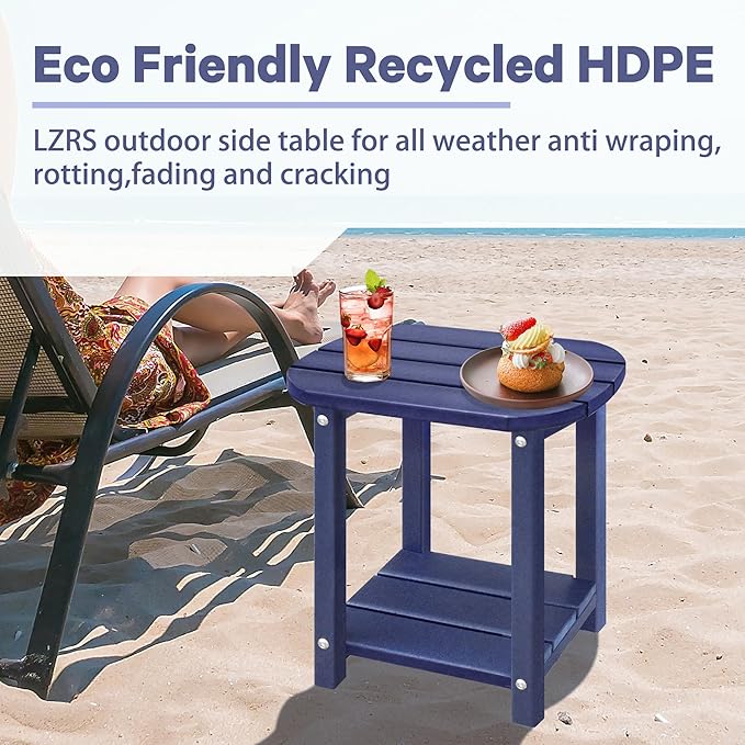 LZRS 2-Tier Patio Side Table, Heavy Duty HDPE Outdoor End Table with Wood Texture, Weatherproof Composite Table for Adirondack Chairs, Deck, Pool, Indoor/Outdoor, No Peeling Cracking(Navy Blue)