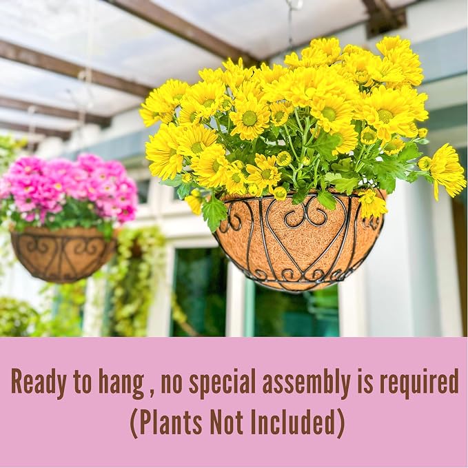 LaLaGreen Hanging Baskets for Plants (16 Inch, 4 Pack) Extra Large Hanging Flower Pot with Coco Liner Black Metal Wire Round Plant Holder with Hanger Hook Chain Outdoor Patio Deck Balcony Garden Decor