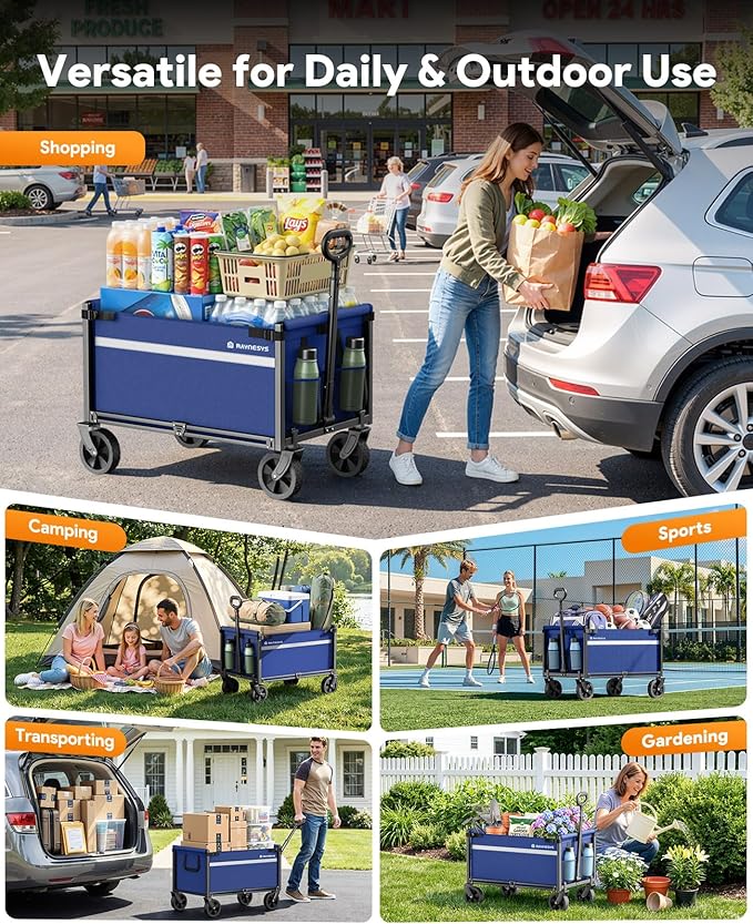 Wagons Carts Foldable, Collapsible Wagon Cart Foldable, 220LBS Heavy Duty Folding Wagon Carts with Wheels, Portable Utility Cart for Grocery Sports Garden Shopping Camping, Blue