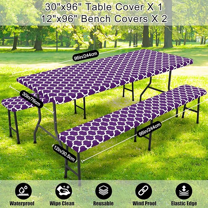 Smiry Picnic Table Cover with Bench Covers, Waterproof Elastic Fitted Tablecloth for 8 Foot Tables, Washable Polyester Tablecloths for Camping, Indoor & Outdoor (Purple, 30x96 Inch 3-pc Set)