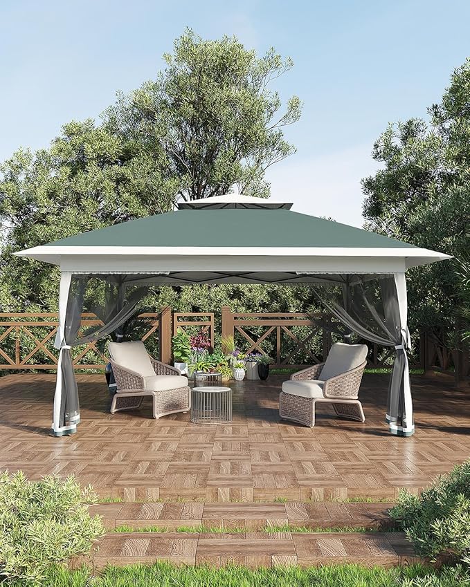 GarveeLife Canopy Tent 12x12 ft, Pop Up Gazebo One-Push Setup with 4 SandBags for Backyard Parties and BBQs, Mosquito Netting & Height Adjustable - Green