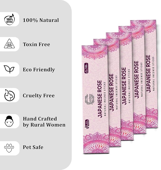 Raajsee Japanese Rose Incense Sticks (180 gm), 100% Pure Organic Natural Hand Rolled Free from Chemicals- Perfect for Aromatherapy, Cleansing, Meditation, and Church (Pack of 12)