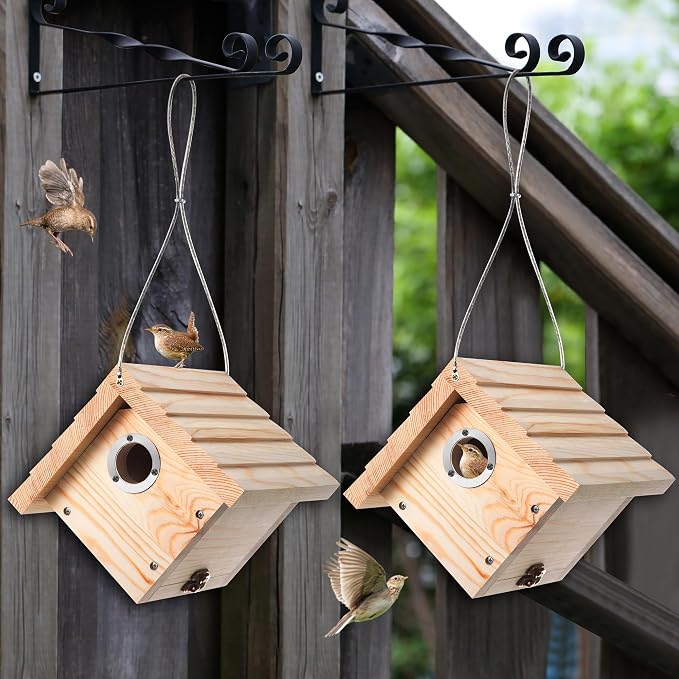 Dreyoo 4 Pack Wren House, 1-1/8'' Entrance Hole Hanging Wooden Wren Bird Houses for Outside with Metal Guard, Air Vents, Pine Wood for Chickadees (Wood)