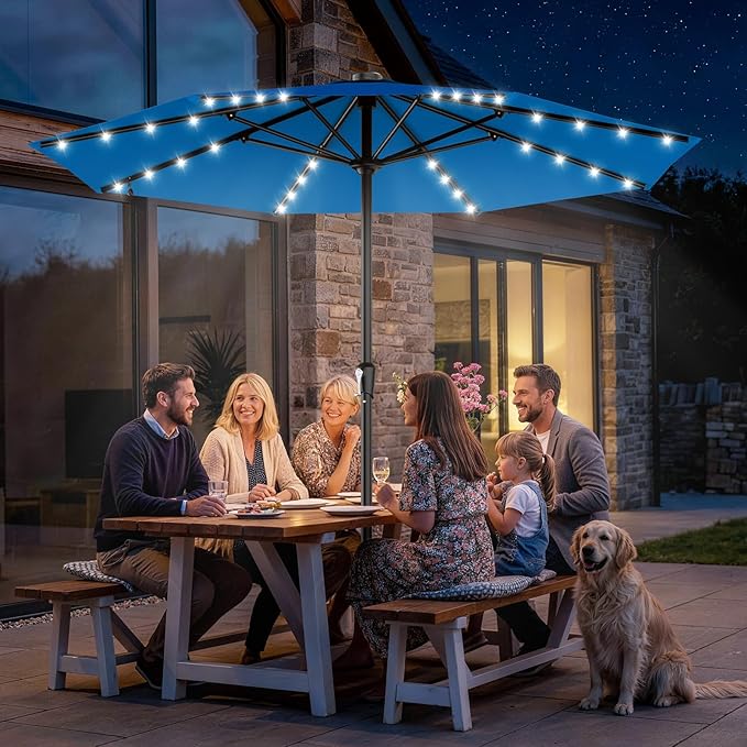 AreShark 11FT Large Patio Umbrella with Solar Lights, Lighted Solar Umbrella with Crank, Outdoor Table Market Umbrellas for Garden, Deck, Backyard, Pool and Beach, Royal Blue