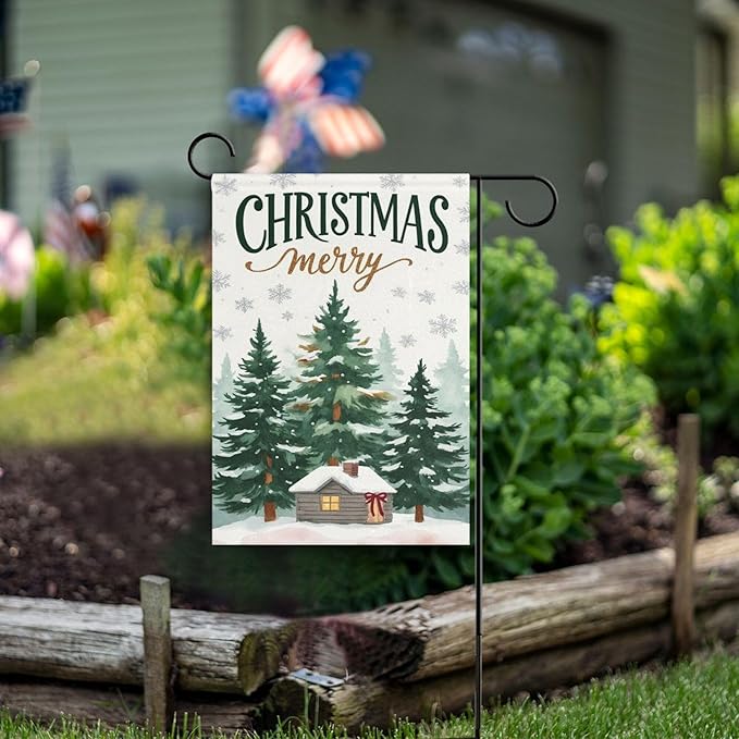 Christmas Tree Snowflake House Flag 28x40 Inch Double Sided Outside Winter Cabin Snow Scene Xmas Seasonal Yard Outdoor Flag Banner for Garden Lawn Patio Holiday Decorations