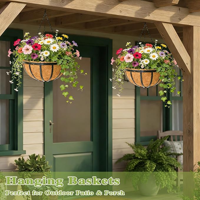 12 Inch Black Flat Iron Metal Hanging Planter Basket with Coco Coir Liner(2 Pack) Hanging Planters for Outdoor Plants Hanging Baskets for Plants Flower Pots for Deck Patio Porch Garden Balcony