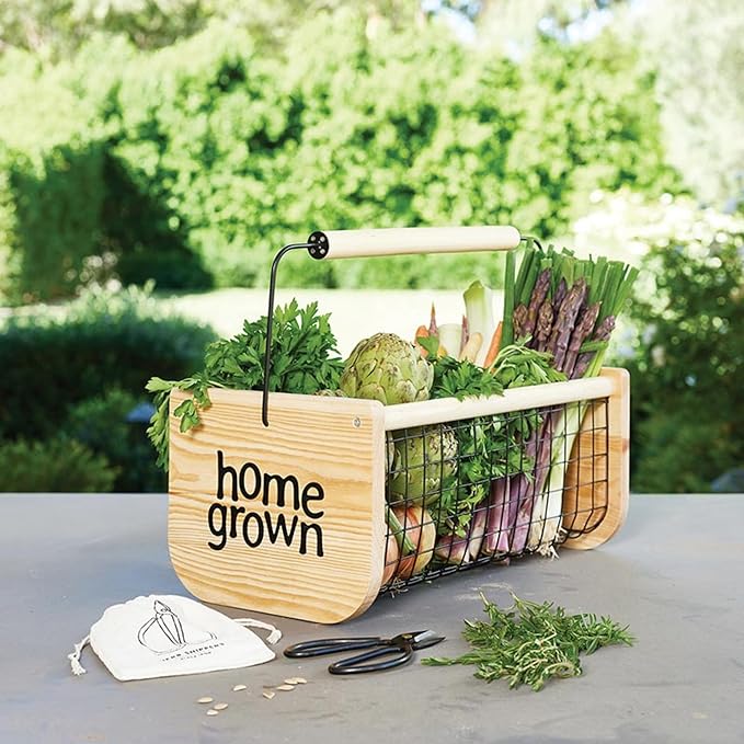 Santa Barbara Design Studio Wood and Metal Mesh Vegetable Flower Garden Harvest Basket, 16" L x 9" W x 7" H, Home Grown