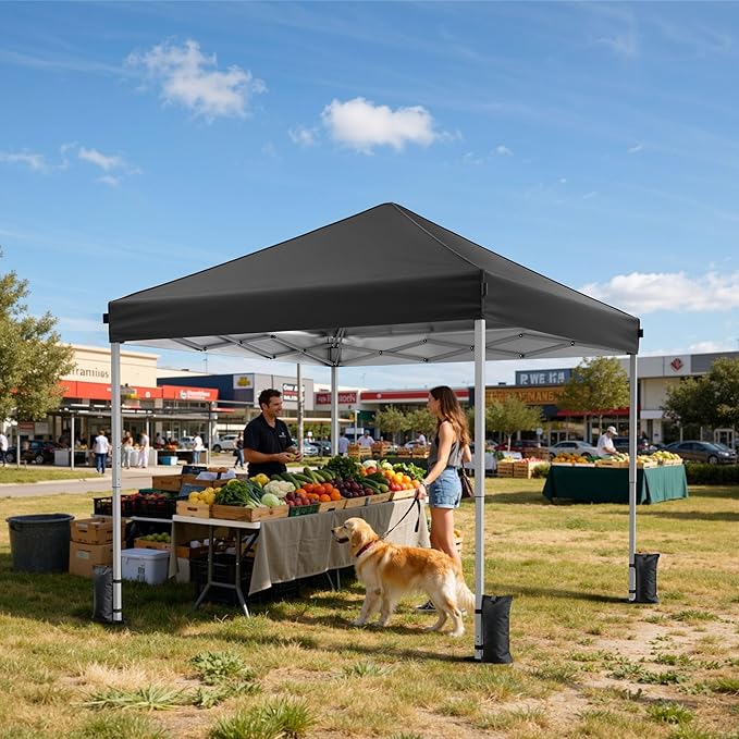 Driftalia 10x10 Pop Up Canopy Tent, Instant Setup Portable Canopy with Carry Bag, 4 Sandbags and 8 Stakes for Outdoor Events, Parties & Camping - Black