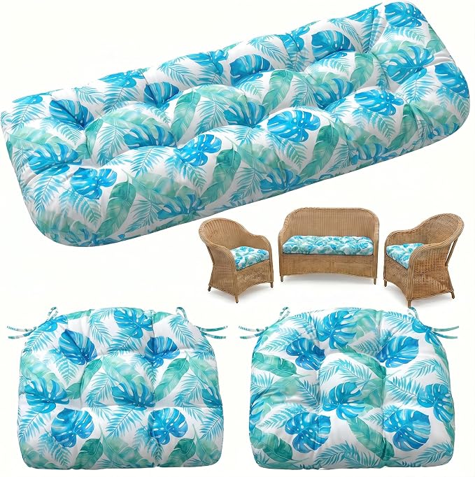 1 MIDDLE ONE Wicker Chair Cushions 3 Pieces Set for Outdoor Furniture, Replacement Patio Wicker Furniture Cushions, 1Pc Loveseat Cushion & 2Pcs Chair Cushions (Teal Monstera)