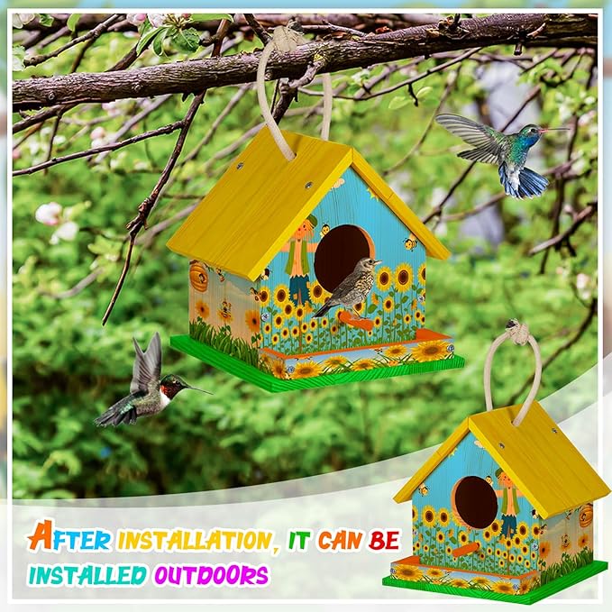 Liliful 8 Sets Wooden DIY Birdhouse Kit, Unfinished Bird Houses with Paints and Paintbrushes, Bird Feeder Craft Arts for Kids Ages 4-8, 8-12, Classroom Activity and Adults Wooden Craft Gifts