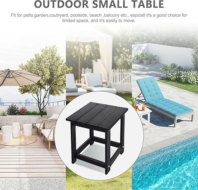 LZRS Square Patio Side Table, Heavy Duty HDPE Outdoor End Table with Wood Texture, Weatherproof Composite Table for Adirondack Chairs, Deck, Pool, Indoor/Outdoor, No Peeling or Cracking(Black)