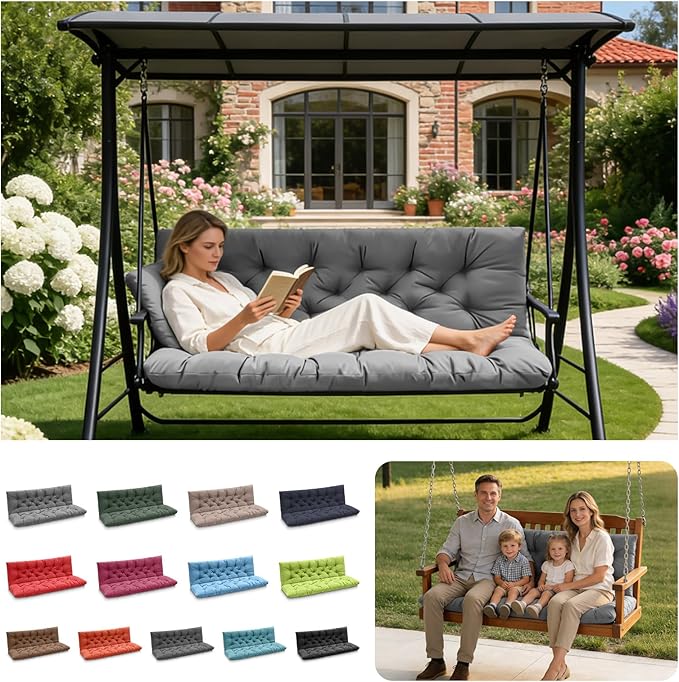 Porch Swing Cushions, Outdoor Swing Replacement Cushions 3 Seater with Backrest, Waterproof Bench Cushion with Ties,for Patio,Porch, Garden,Backyard