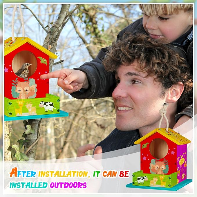 Liliful 1 Pack DIY Wooden Birdhouse Kit, Crafts for Kids and Adults, Bird House with Paint and Paintbrushes Painting Kits for Boys and Girls, Spring Birthday Classroom Gifts for Ages 4-8