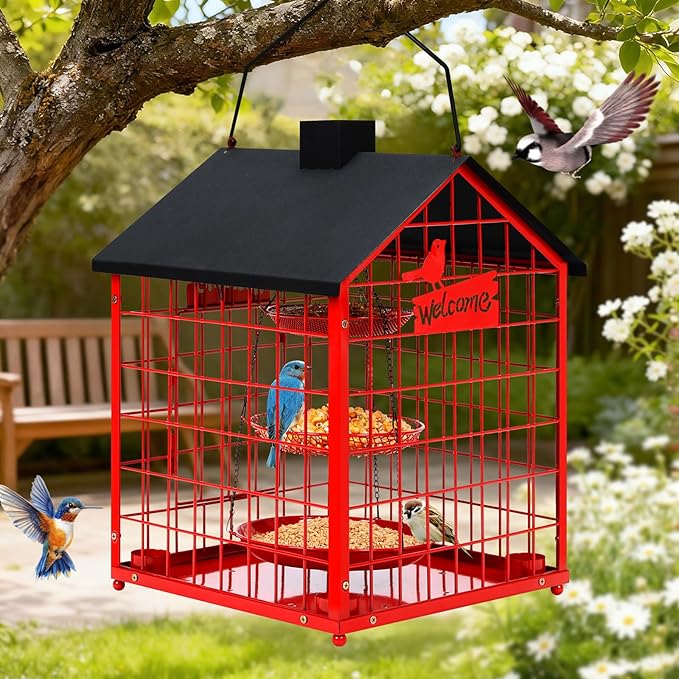Bird Feeders for Outdoors, Metal Bluebirds Bird Feeder, Huge Caged Squirrel-Proof Bird Feeders with 4 Cups, DIY Wild Bird Feeders Outdoor Hanging, Attract Small Birds, 3 Layer Seed Tray (Red)