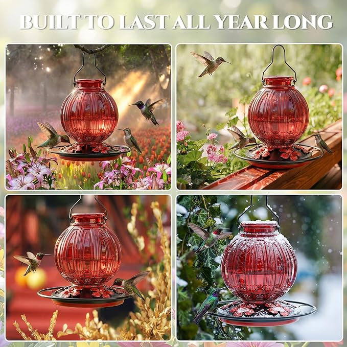 Glass Hummingbird Feeder for Outdoors Hanging, 24Oz Bird Nectar Feeder with Perch & 5 Flower Feeding Ports, Leak Proof for Outside Garden Decor Backyard, Gifts for Women Mom, Red
