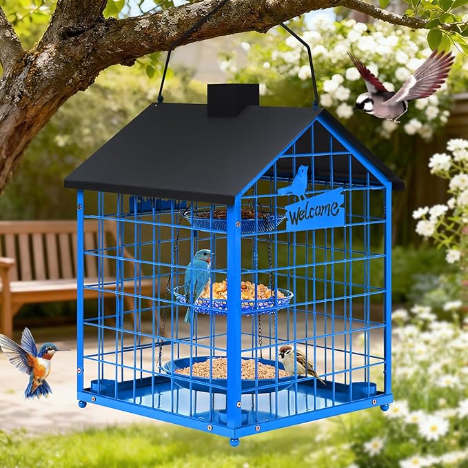 Bird Feeders for Outdoors, Metal Bluebirds Bird Feeder, Huge Caged Squirrel-Proof Bird Feeders with 4 Cups, DIY Wild Bird Feeders Outdoor Hanging, Attract Small Birds, 3 Layer Seed Tray (Blue)