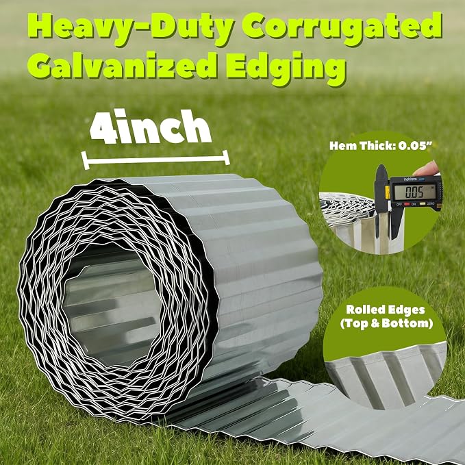 A ANLEOLIFE 40FT Galvanized Steel Landscape Edging Roll, 4" Tall Sturdy Flexible Corrugated Metal Lawn Border for Garden, Pathway & Flower Beds, Silver