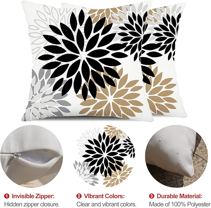 DFXSZ Black Brown Outdoor Pillow Covers 20x20 Inch Set of 2 White Gray Flower Throw Pillows Farmhouse Outdoor Modern Floral Polyester Square Cushion Case Decor for Patio Funiture Garden 002B20
