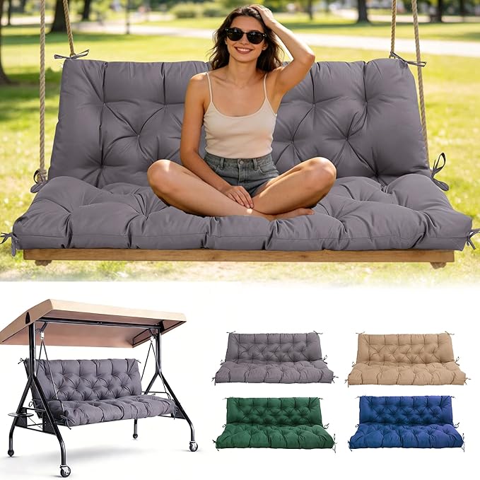 Porch Swing Cushions 60 Inch,Waterproof Patio 2 3 Seater Replacement for Outdoor Furniture with Backrest&Strap,Thick 4" Swing Seat Cushion for Loveseat Garden Glider Bench Lawn Backyard,Dark Gray