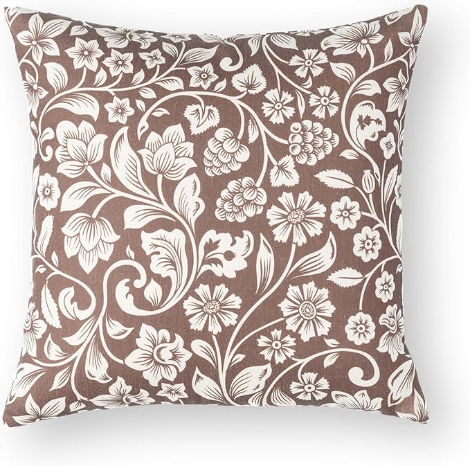 Crumbs Home Modern Farmhouse Fall Linen Indoor Outdoor Throw Pillow Cover Only, 22"x22" Water Repellent for Patio, Backyard, Couch, Cocoa Brown Neutral Floral