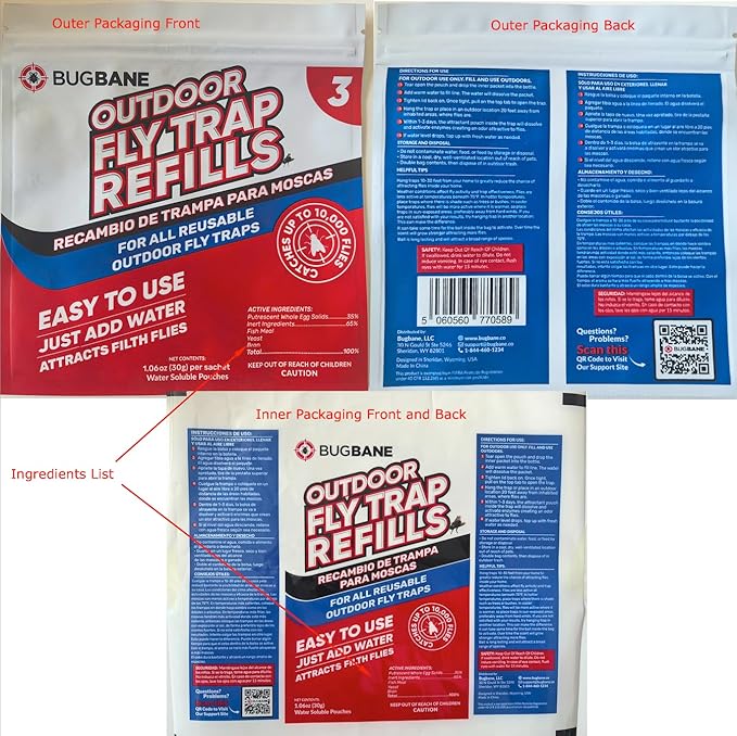 Fly Bait Fly Trap Refill Packets 3x1oz. Non Toxic Dissolvable Granules Work with All Reusable Flies Traps Outdoors Attractant. Flies Trap Bait Magnet Ranch Flytrap Outdoors. Cebo para Moscas