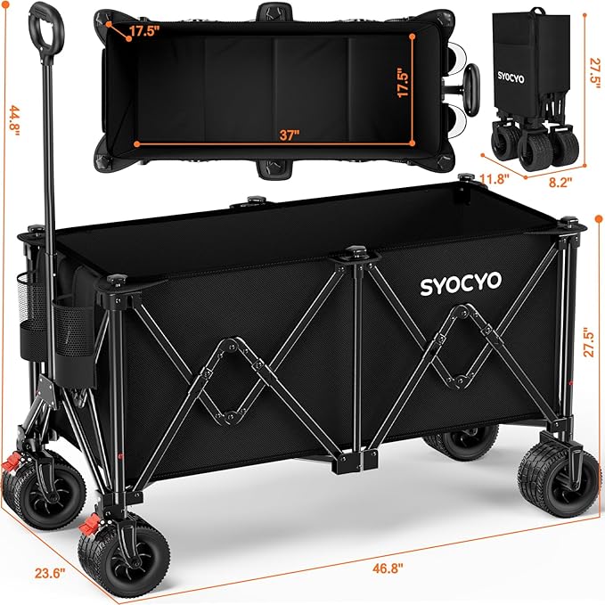 Collapsible Wagon Carts Foldable 570LBS Beach Wagon with Big All-Terrain Wheels Weight Capacity Heavy Duty Utility Carts with Cup Holders for Garden, Camping, Grocery, Sports Black