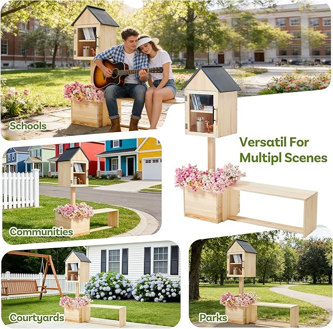 Wooden Little Library Box Outdoor with Bench & Planter Community Book Exchange Box Solid Pine Wood DIY Neighborhood Share Box Ground Mount Kit for Garden Decor, School