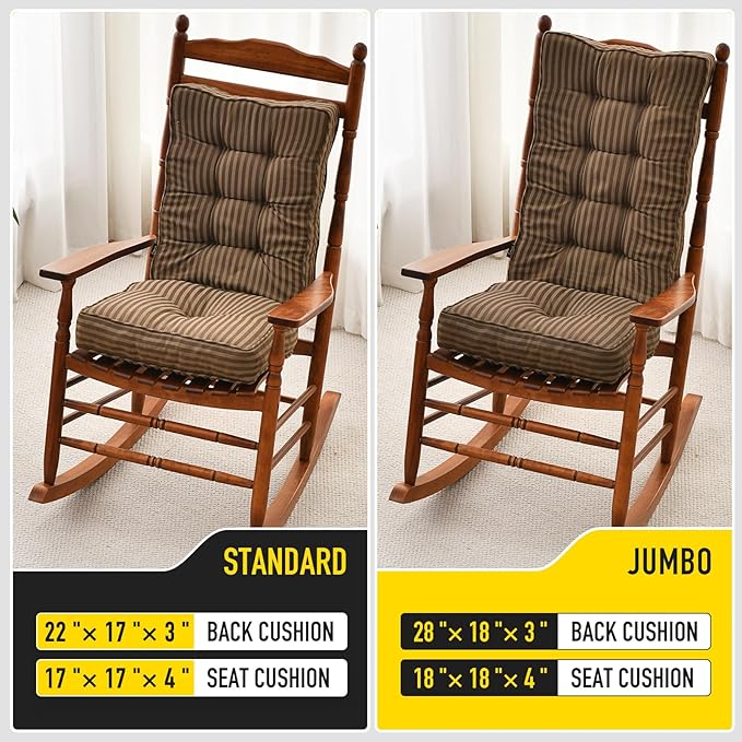 SUNROX Memory Foam Non Slip Rocking Chair Cushion, FadeShield Water Resistant Thicken Durable Tufted Pads, Set of Seat & Back Cushion with Ties for Indoor/Outdoor Rocker, 2 Piece, Cocoa Stripe