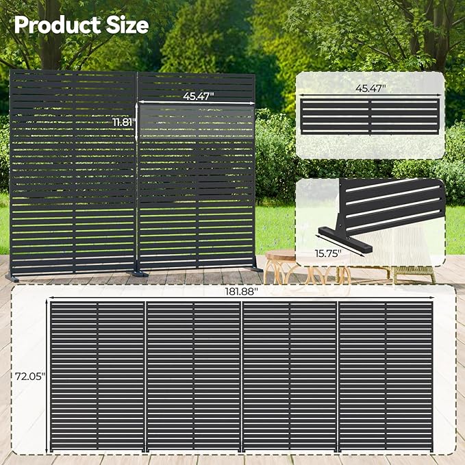 Outdoor Privacy Screen Panel 72" Freestanding Privacy Fence with Stand, HDPE Decorative Privacy Screens with Louvered 6 Panels, Weather-Resistant Panel Fence for Patio, Balcony,Pool, Black