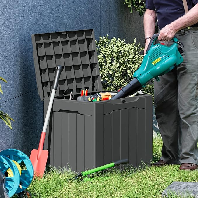 Greesum 31 Gal Resin Deck Box,Outdoor Storage for Patio,Garden Tools,Pool Supplies, Weatherproof and UV Resistant, Lockable, Dark Grey