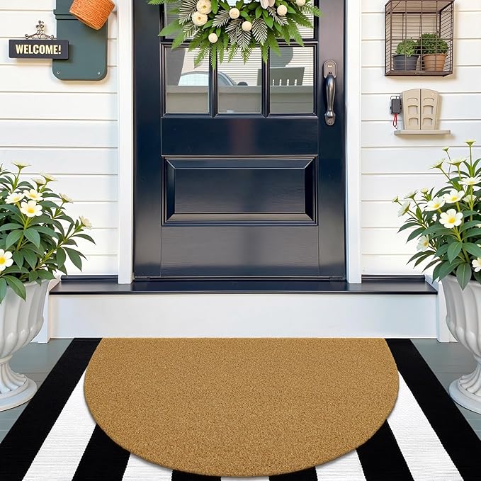 OLANLY Half Circle Front Door Mat, Low Profile Doormat, Stain and Fade Resistant, Easy to Clean, for Indoor and Outdoor Entrances, Patio Porch or Entryway, Brown (30x17 Inch, Plain Brown)