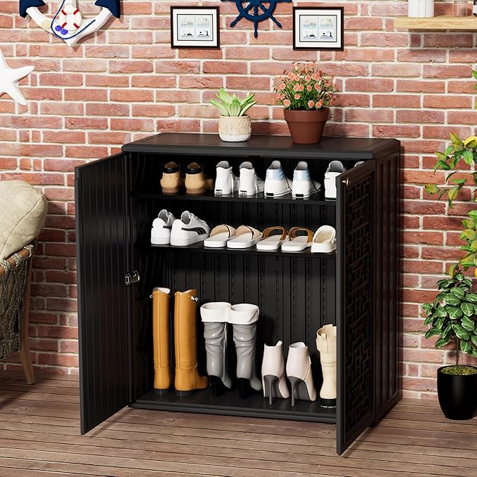 Mrosaa Outdoor Storage Cabinet Waterproof with Shelf,Resin Storage Sheds Outdoor Cabinets for tub Towels/Chemicals/Grill Items/Patio/Garden/Backyard, Size 34.3''L*15''W*36.2''H(Black)