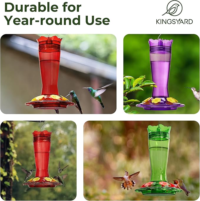 Kingsyard Glass Hummingbird Feeder for Outdoors Hanging, 14 oz Leak-Proof Humming Bird Feeders with Ant Moat & Bee Proof Feeding Ports, Hummingbird Gift for Bird Lovers (Purple)