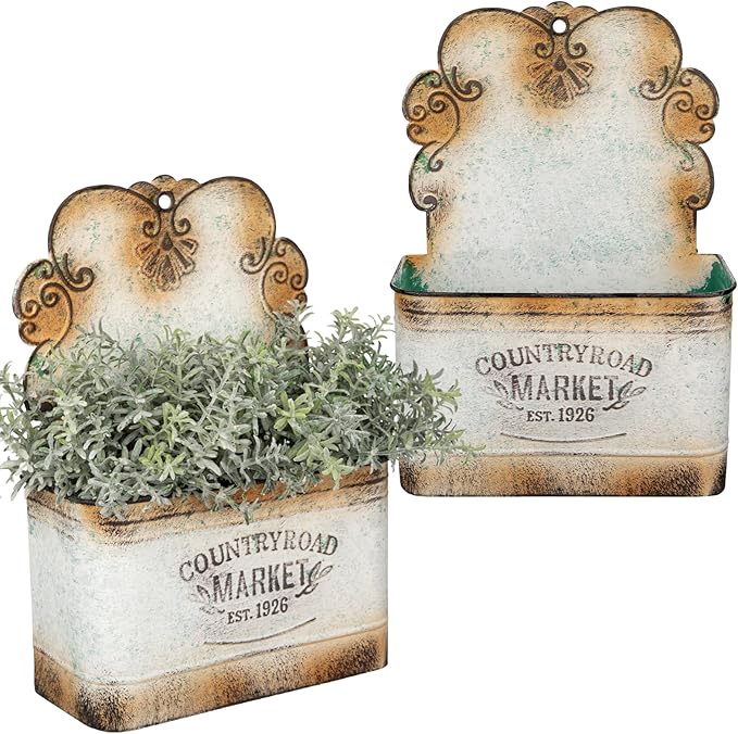Set of 2 Metal Wall Planters Vintage Hanging Wall Planter Rustic Farmhouse Outdoor Decor Shabby Mount Planters for Fence Garden Patio Porch - Silver