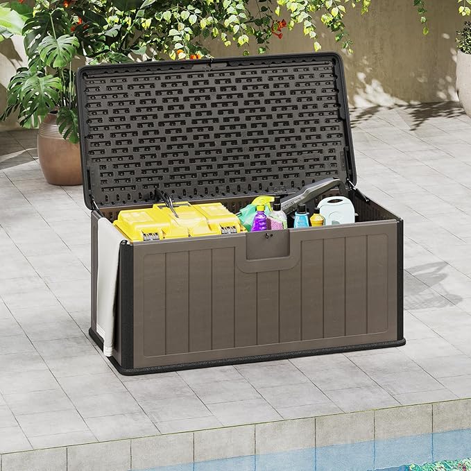 Giantex 100 Gallon Deck Box, Waterproof Resin Box with Lockable Lid, 440Lbs Outdoor HDPE Storage Container Bench for Patio Furniture Cushions, Pool Tools & Garden Accessories (Brown)