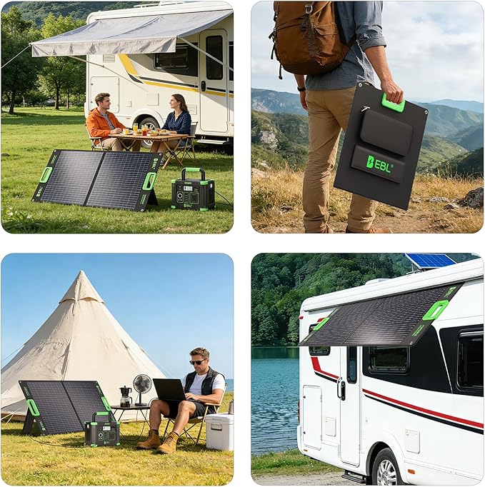 EBL 100 Watt Solar Panel, Foldable Solar Charger for Power Station, Portable Solar Panels w/Kickstands, High Efficiency IP65 Waterproof for Camping, RV, Off-Grid Outdoor