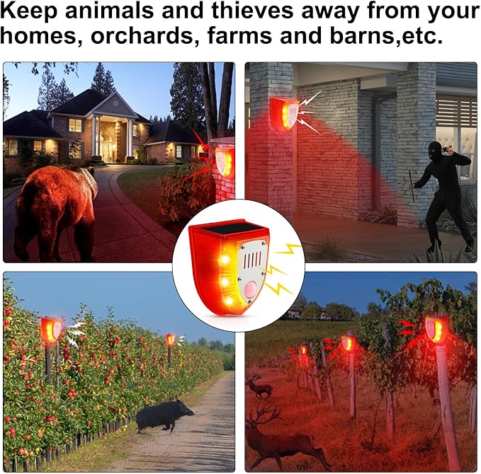 Qualirey 8 Pcs Solar Alarm Motion Detector with Sound Outdoor Motion Sensor 129db Barking Dog Strobe Light Gunshot Sound Alarm Detector Noise Maker Warning Lamp for Home Villa Yard Farm